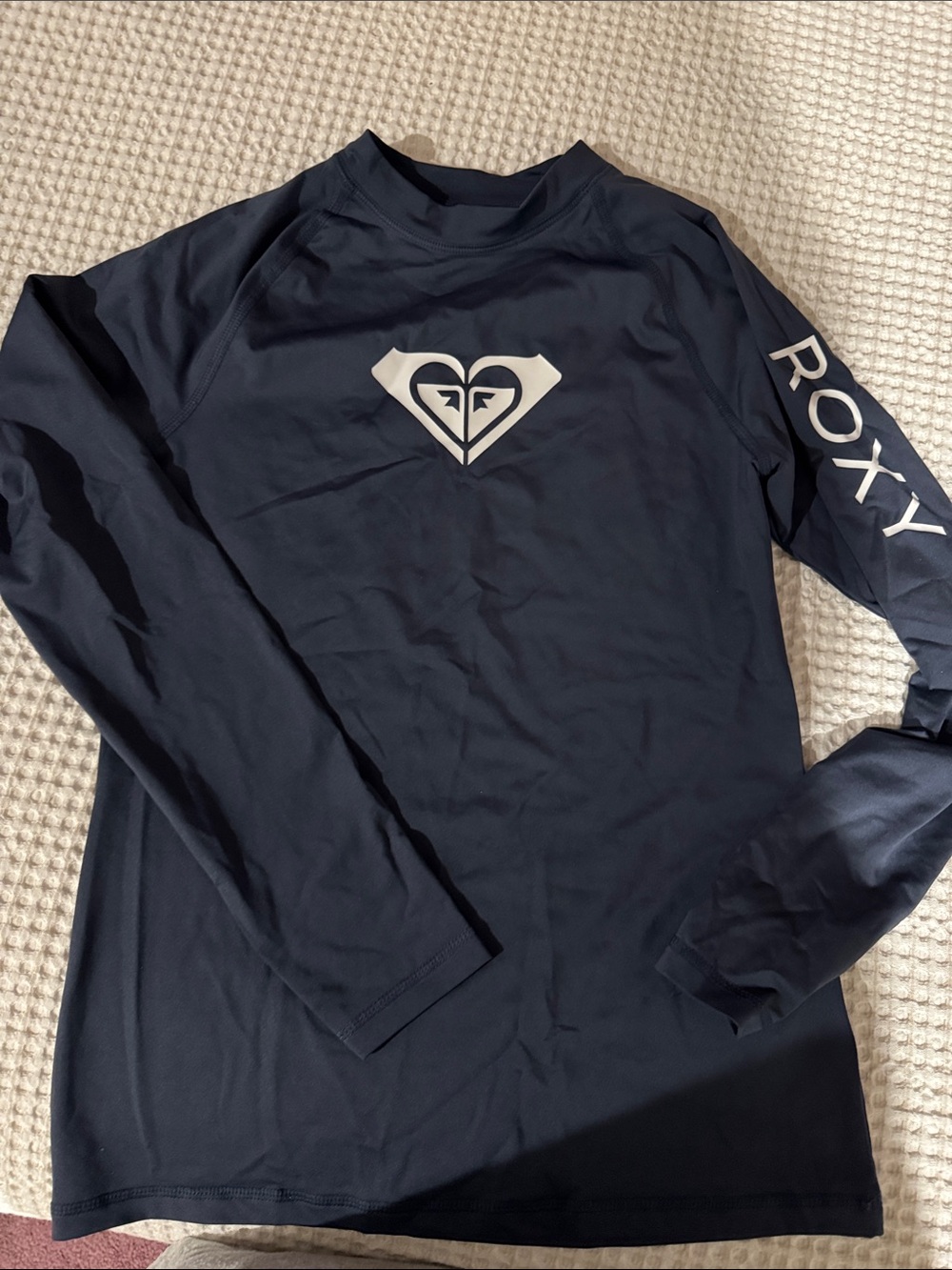 Roxy Navy Long Sleeve Rash Guard with White Logo and Sleeve Text